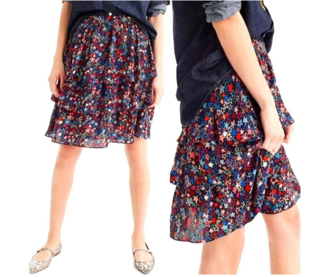 J.Crew Black Kaleidoscope Star H2600 Tiered Skirt Size 4